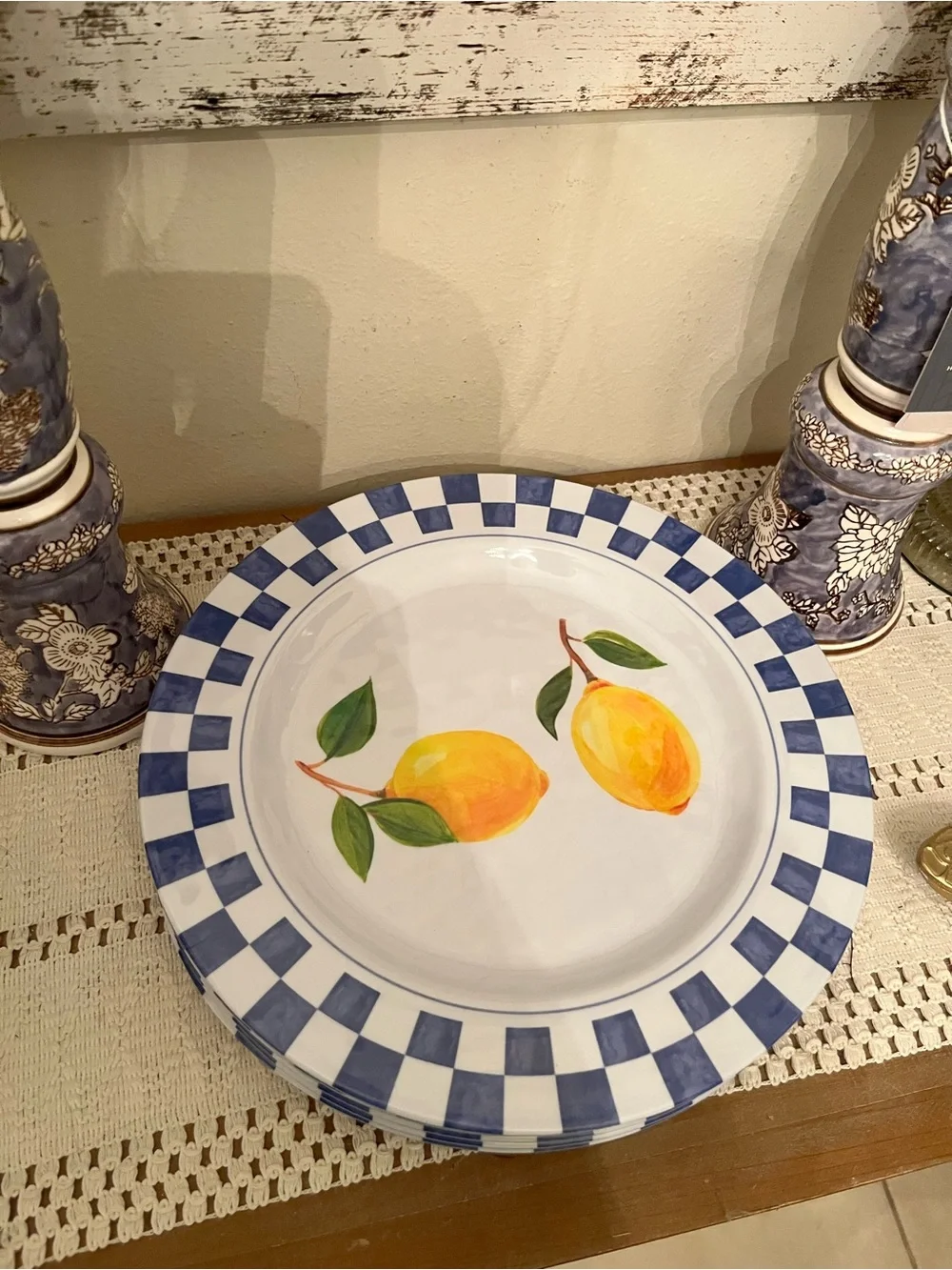 Blue Check & Lemon Melamine Dinner Plate - White/Blue/Yellow